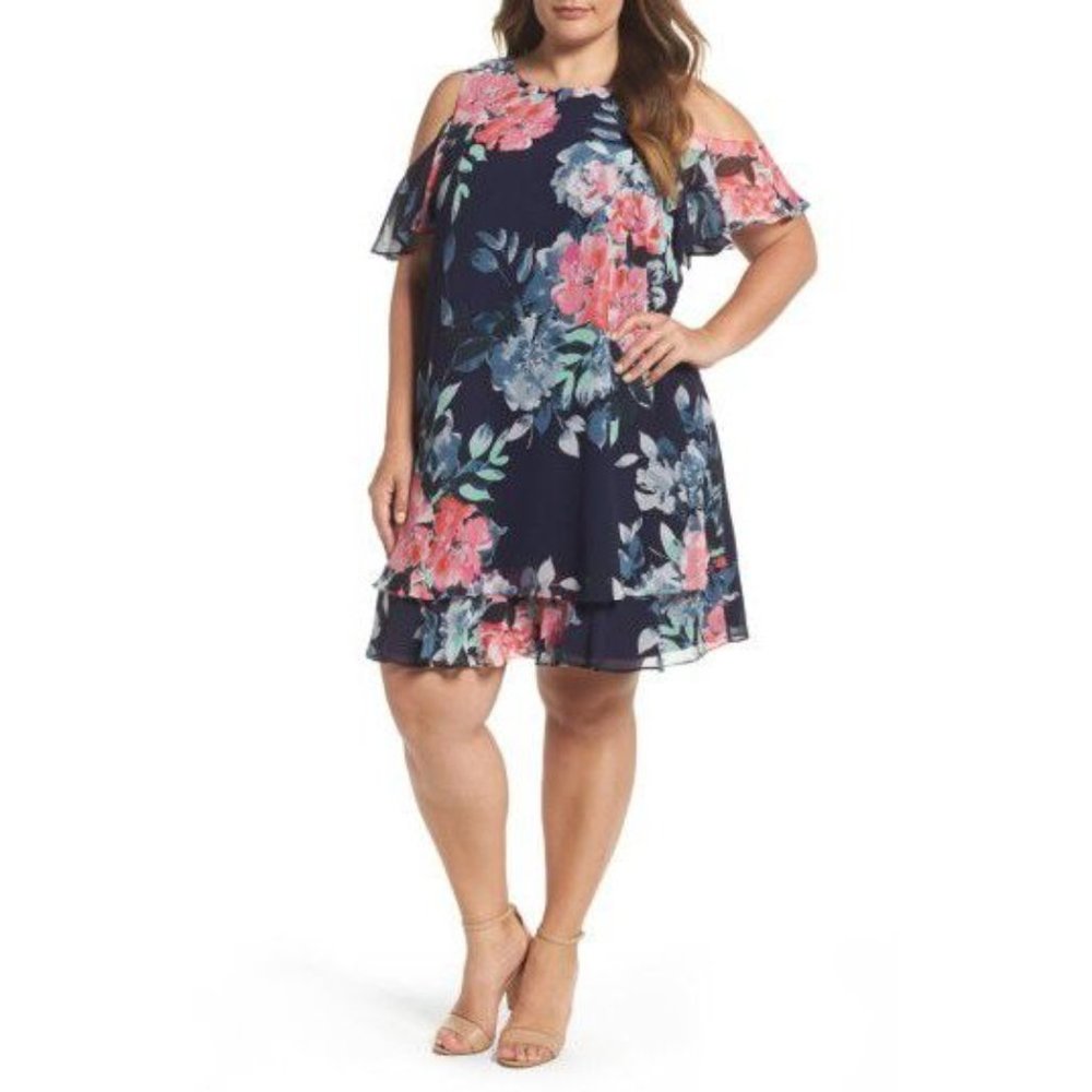 Eliza J - Floral Midi Chiffon Cold-Shoulder Dress